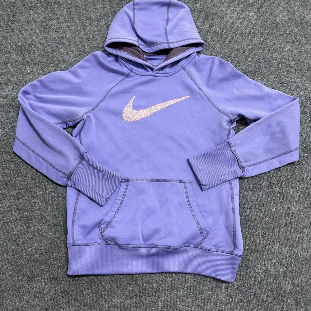 Nike Hoodie Womens Size M Purple Therma-FIT Fleece Pullover Glitter Swoosh Logo